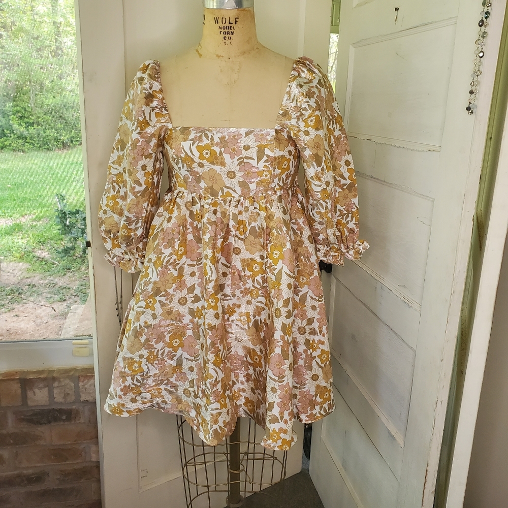 Floral Puff-Sleeve Mini Dress in Mustard & Blush